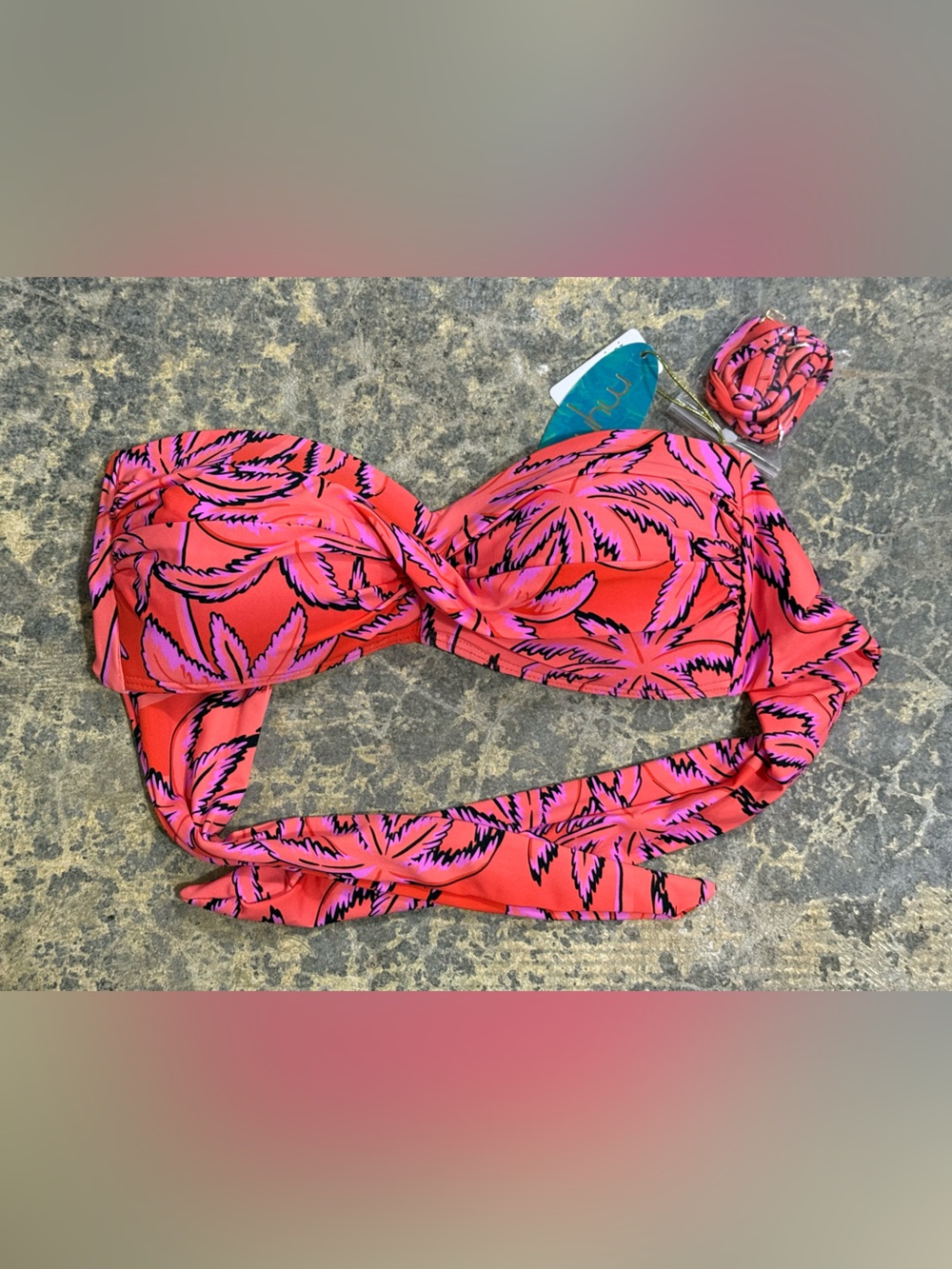 Mynah Woman’s XS Coral Pink Palm Tree-Print Bandeau Bikini Top W/Removable Strap
